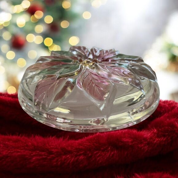 Vintage Art Glass Poinsettia Round Christmas Flower Dish Irredescent Floral - Picture 4 of 5